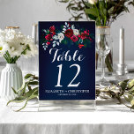 Tarjeta De Mesa Invitado boda burgundy de la marina invernal flora<br><div class="desc">Plantilla de número de la tabla de bodas floral de moda de invierno con peonías rojas borgoñas y blancas con ramas estacionales de abetos verde pino, bayas rojas y follaje sobre fondo azul marino oscuro y manuscrito como escritura tipográfica. Personalízalo con la información de invitado de su boda! Al hacer...</div>