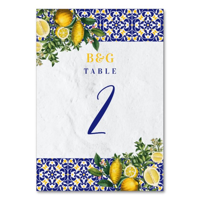 Tarjeta De Mesa Itinerario Boda de limón de mosaico mediterráneo (Anverso)