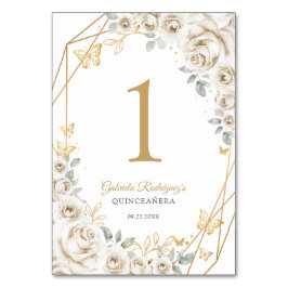 Tarjeta De Mesa Ivory Cream Gold Floral Quinceanera