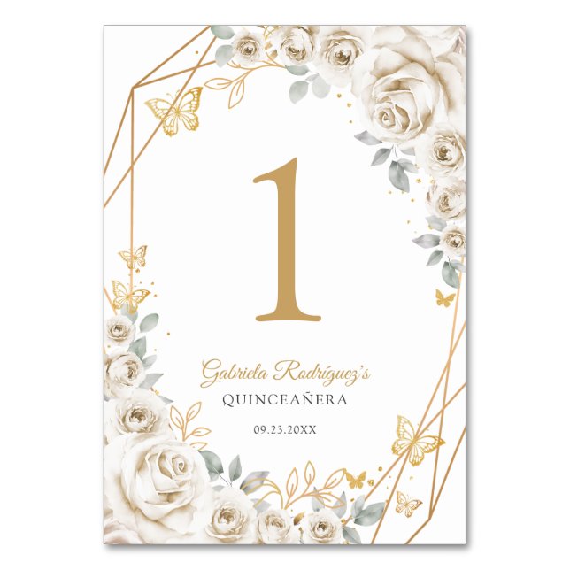 Tarjeta De Mesa Ivory Cream Gold Floral Quinceanera (Anverso)