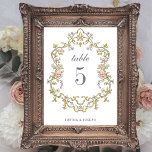 Tarjeta De Mesa Jardín de vintage | Boda de lujo colorido<br><div class="desc">Estas magníficas y magníficas tarjetas de mesa boda presentan un estilo antiguo, un escudo barroco y magnífico decorado con flores de colores y hojas en sutiles tonos de melocotón, rosa, violeta, verde y neutro sobre un fondo blanco. Un aspecto caprichoso que también recuerda el estilo Art Nouveau o la elegancia...</div>