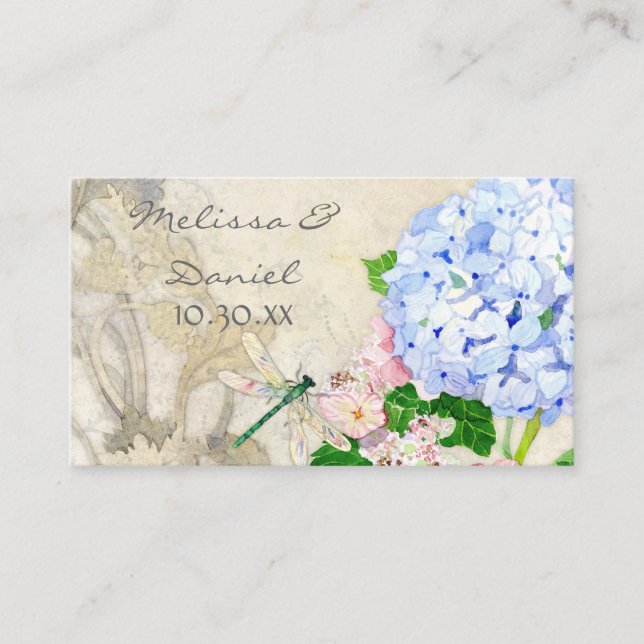 Tarjeta De Mesa Jardín inglés, azul y rosa Hydrangeas acuarela (Anverso)