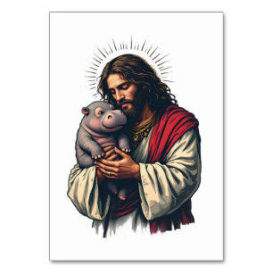 Tarjeta De Mesa Jesús sostiene a un bebé Moo Deng Hippo