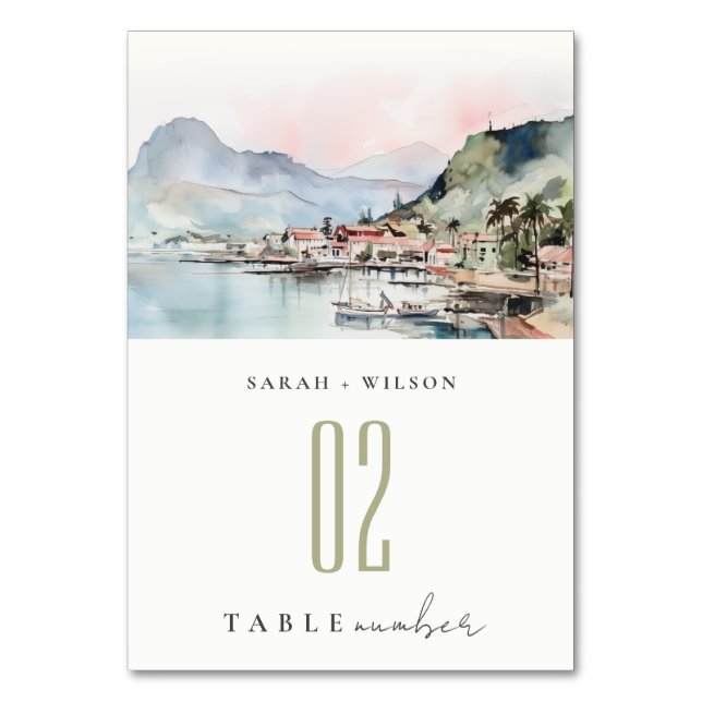 Tarjeta De Mesa Kauai Hawaii Watercolor Landscape Wedding (Anverso)