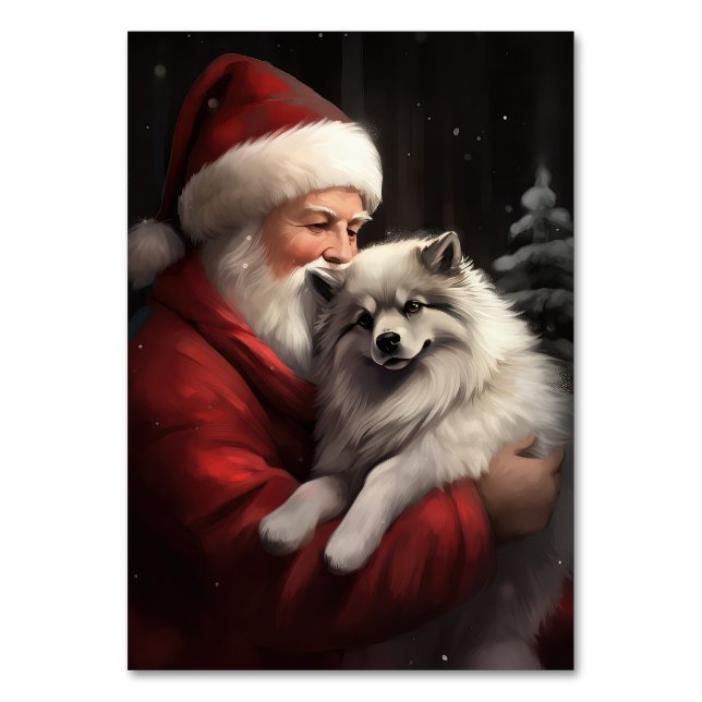 Tarjeta De Mesa Keeshond Con Navidades festivos de Santa Claus (Anverso)