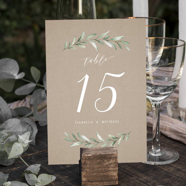 Tarjeta De Mesa Kraft, simple caligrafía, boda de vegetación rústi (Kraft simple calligraphy rustic greenery wedding table number)