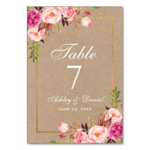 Tarjeta De Mesa Kraft Watercolor Floral Oro Rosa Boda