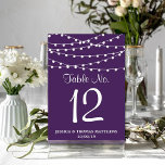 Tarjeta De Mesa La Cadena Se Ilumina En La Colección Boda Púrpura<br><div class="desc">Sencillo pero elegante, las luces de cuerda de la colección de bodas púrpura son un diseño impresionante con bonitas luces blancas de cuerda colgadas en un fondo morado, perfecto para cualquier celebración boda moderna. Estas tarjetas de número de mesa se pueden personalizar para su ocasión especial y harían las tarjetas...</div>
