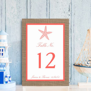 Tarjeta De Mesa La colección de bodas Coral Starfish Burlap Beach