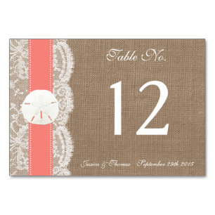 Tarjeta De Mesa La colección de bodas de arena coral en la playa