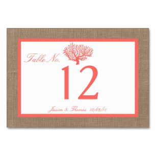 Tarjeta De Mesa La Colección De Bodas De Coral En Burlap Boho Beac