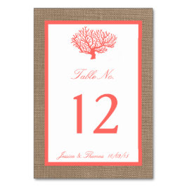 Tarjeta De Mesa La Colección De Bodas De Coral En Burlap Boho Beac