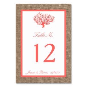 Tarjeta De Mesa La Colección De Bodas De Coral En Burlap Boho Beac