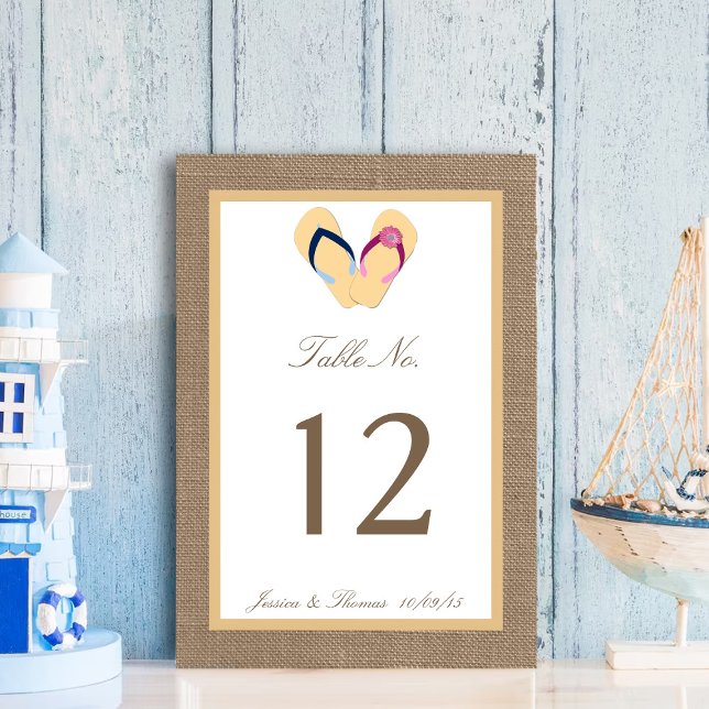 Tarjeta De Mesa La colección de Bodas Flip-Flop Sand Beach Burlap (Subido por el creador)