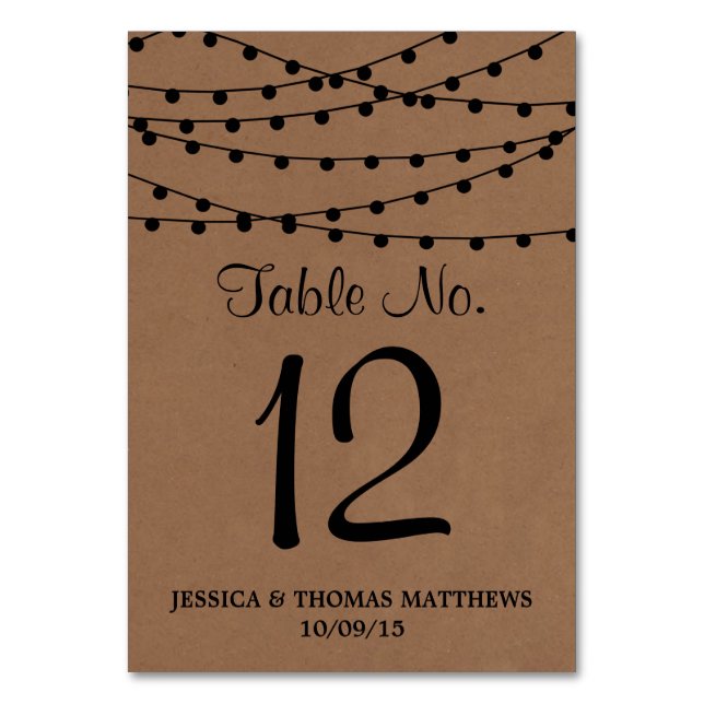 Tarjeta De Mesa La colección de Bodas Rustic Kraft Lights (Anverso)