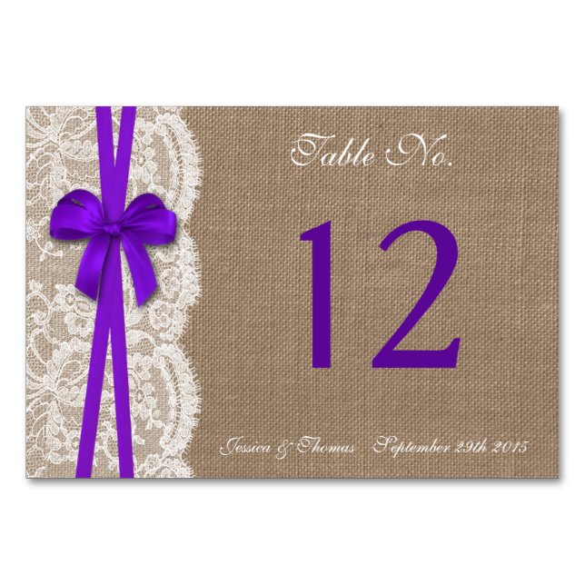 Tarjeta De Mesa La colección de Bodas Rustic Purple Bow (Anverso)