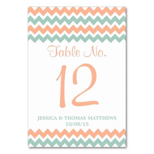 Tarjeta De Mesa La moderna colección de Bodas Chevron Peach & Mint (Anverso)