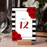 Tarjeta De Mesa La moderna colección de Bodas de lujo Moda - Roses<br><div class="desc">La moderna colección de bodas de lujo de moda cuenta con un fondo clásico de rayas blancas y negras, acentuado por unas bonitas rosas rojas rubíes y un falso marco de Relieve metalizado plateado. Estas tarjetas de número de mesa son fáciles de personalizar y serán el accesorio perfecto para cualquier...</div>