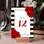 Tarjeta De Mesa La moderna colección de Bodas de lujo Moda - Roses<br><div class="desc">La moderna colección de bodas de lujo de moda cuenta con un fondo clásico de rayas blancas y negras, acentuado por unas bonitas rosas rojas rubíes y un falso marco de Relieve metalizado dorado. Estas tarjetas de número de mesa son fáciles de personalizar y serán el accesorio perfecto para cualquier...</div>