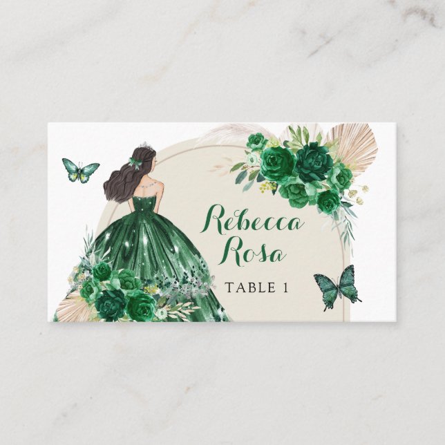 Tarjeta De Mesa La princesa verde esmeralda del Boho Quinceañera (Anverso)