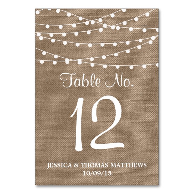 Tarjeta De Mesa La Rustic Burlap String ilumina la colección Boda (Anverso)