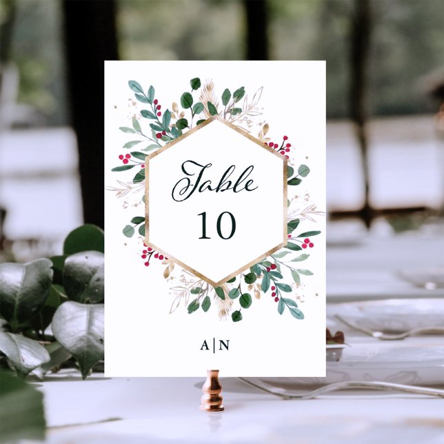 Tarjeta De Mesa La vegetación dorada en blanco | Boda de Navidades (A modern and elegant holiday wedding table card with stunning faux gold accents)