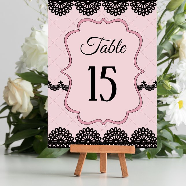 Tarjeta De Mesa Lace negro en una boda personalizada rosa suave (Subido por el creador)