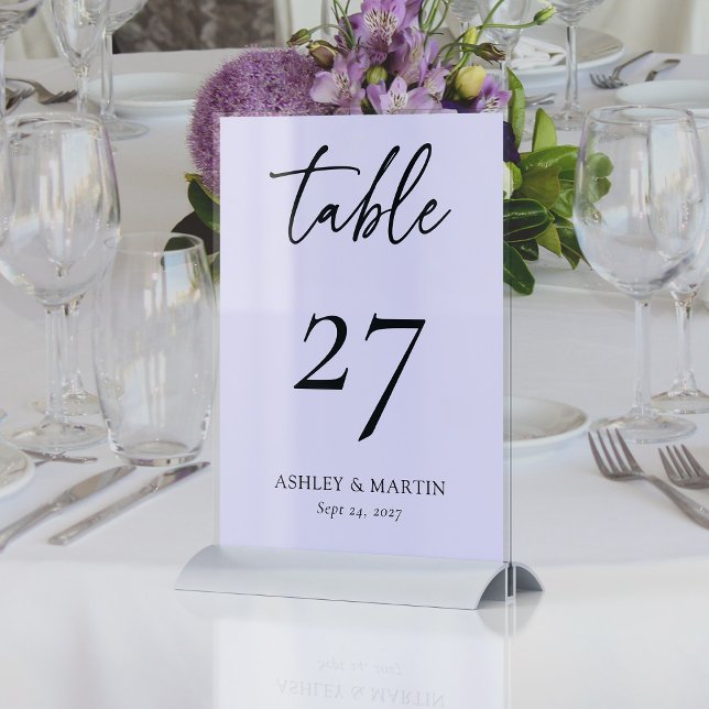 Tarjeta De Mesa Lavanda elegante con Boda Gris personalizado (Elegant Lavender with Gray Personalized Wedding Table Number)