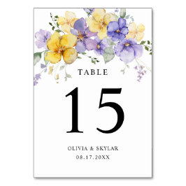 Tarjeta De Mesa Lavanda morada Boda floral amarillo brillante dora