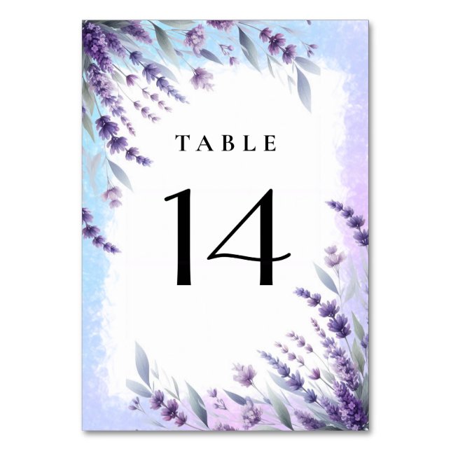 Tarjeta De Mesa Lavandas Y Azul Elegante Floral Acuarela  (Anverso)