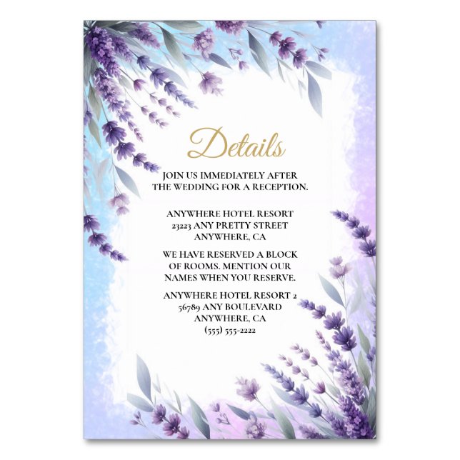 Tarjeta De Mesa Lavandas Y Azules Detalles Florales Elegantes (Anverso)