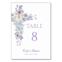 Tarjeta De Mesa Lavender Floral Cross Baptism Table Number