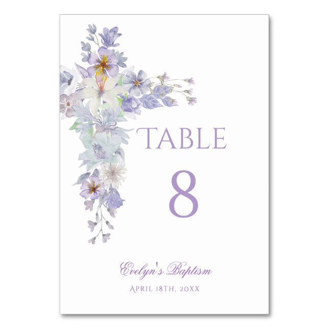 Tarjeta De Mesa Lavender Floral Cross Baptism Table Number (Anverso)
