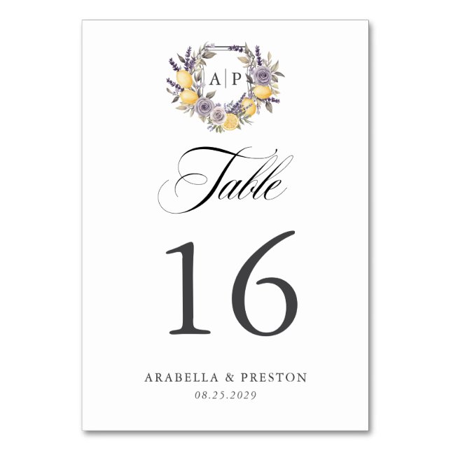 Tarjeta De Mesa Lavender Lemon Monograma Boda Escudo Floral (Anverso)