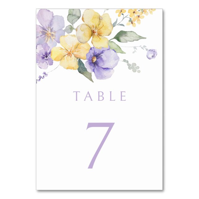 Tarjeta De Mesa Lavender morado y sol Boda floral amarillo (Anverso)