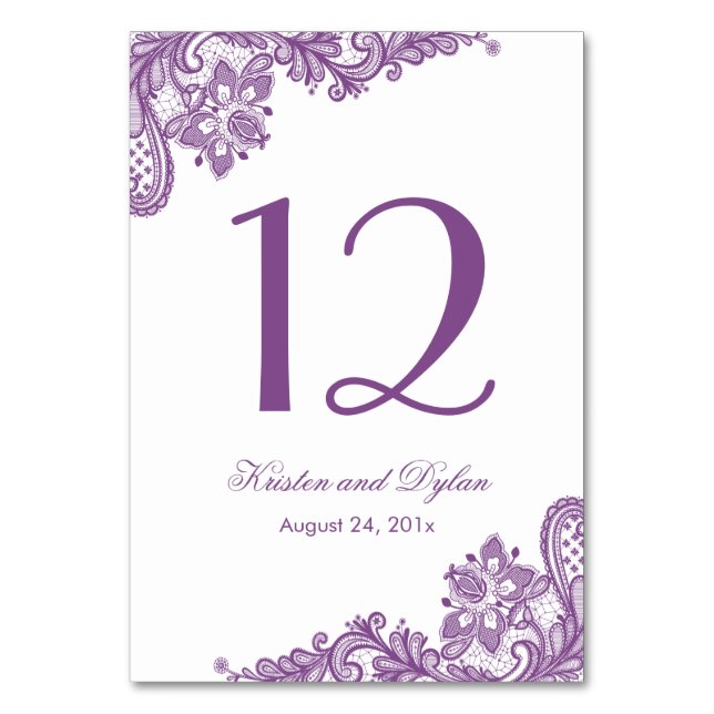 Tarjeta De Mesa Lavender Purple Elegante Boda de encaje número de  (Anverso)