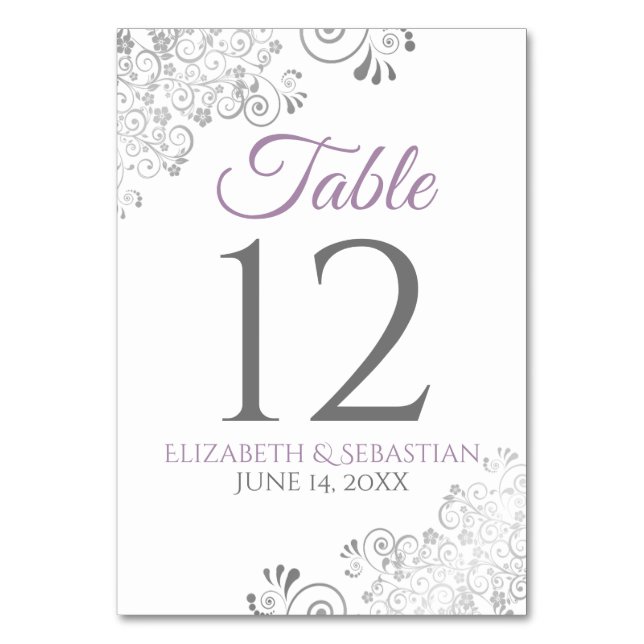 Tarjeta De Mesa Lavender Purple & Grey Elegree Boda filigrí (Anverso)