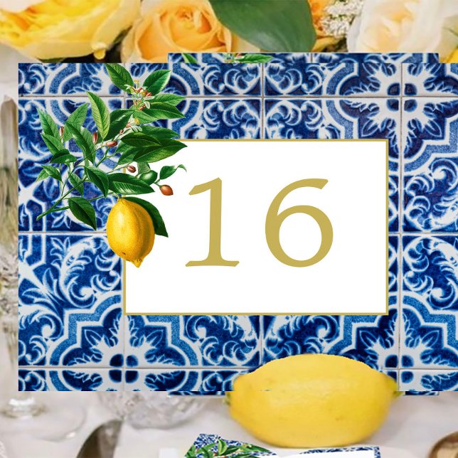 Tarjeta De Mesa Lemon Tuscan Tile Blue White Boda (Subido por el creador)