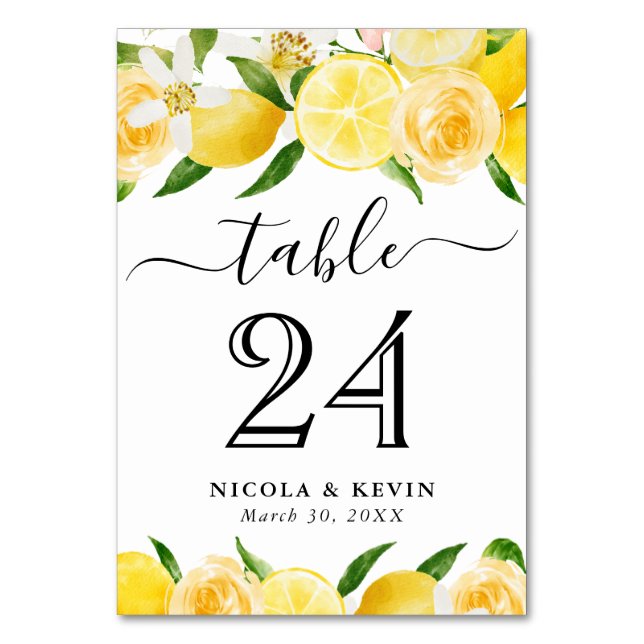 Tarjeta De Mesa Lemones acuarelas y Boda de las flores de verano (Anverso)
