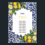 Tarjeta De Mesa Lemons Boda Portugués Número de tabla Nombres de i<br><div class="desc">Baldosas tradicionales pintadas a mano de Portugal con limones mediterráneos. Obra de arte de azulejos azulejo azul y blanco de hojas de flores. Un bonito diseño mediterráneo que representa los limones amarillos con su vegetación y flores en un marco portugués de época azul y blanca. El texto boda está enmarcado...</div>