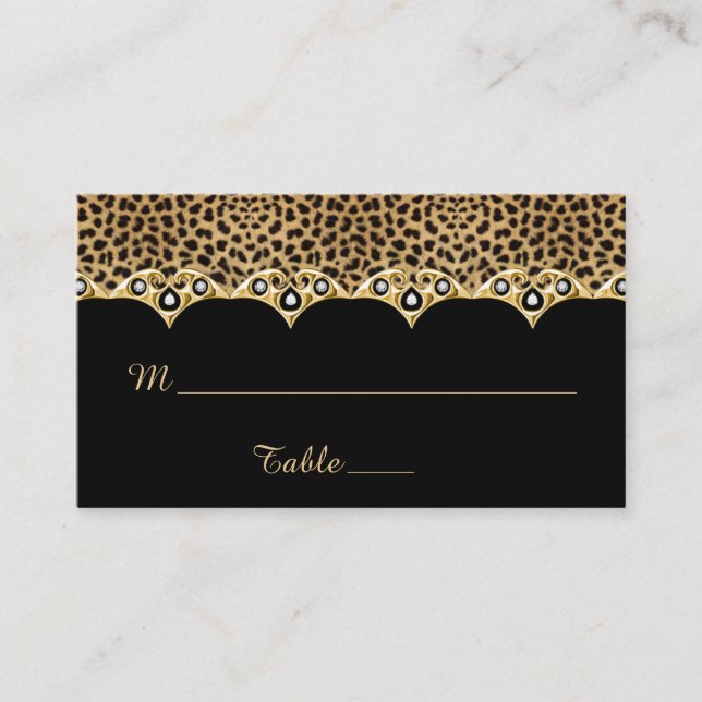 Tarjeta De Mesa Leopardo Imprimir negro con oro y diamantes (Anverso)