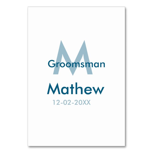 Tarjeta De Mesa Letra azul marino groomsman fecha masculina por (Anverso)