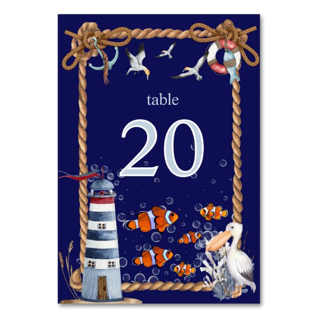 Tarjeta De Mesa Letrero Náutico con Faro y Pez Payaso (Anverso)