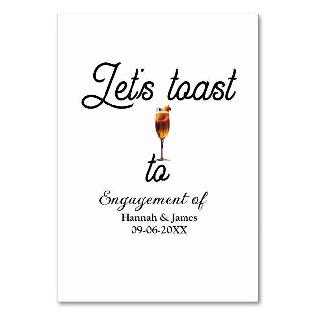 Tarjeta De Mesa Let's toast to engagement party name date glass (Anverso)