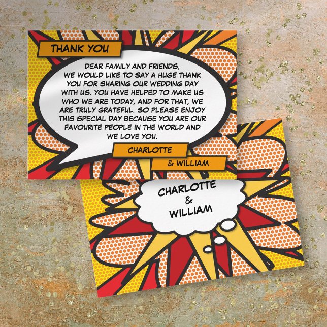 Tarjeta De Mesa Libreta de Cómic de Agradecimiento de Boda Diverti (Modern Fun Comic Book Wedding Thank You Place Card)