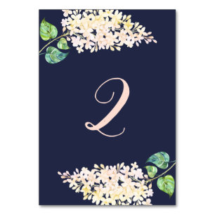 Tarjeta De Mesa Lila blanca. Bodas románticas florales navy. Azul