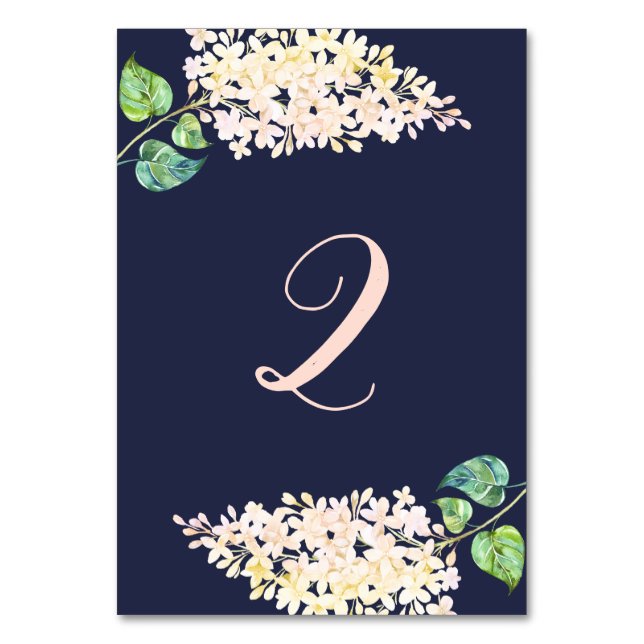 Tarjeta De Mesa Lila blanca. Floral navy romántico boda. Azul (Anverso)