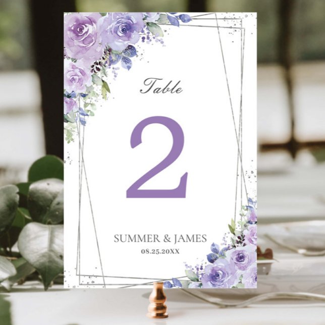 Tarjeta De Mesa Lila Floral Plateado Elegante Boda Novia (Subido por el creador)