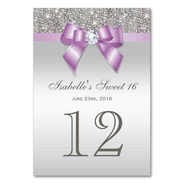 Tarjeta De Mesa Lilac Faux Bow Silver Sequins Sweet 16 (Anverso)