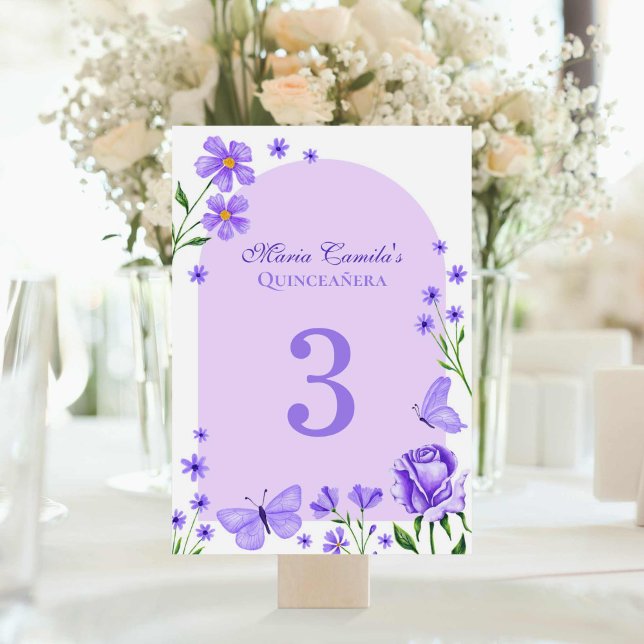 Tarjeta De Mesa Lilac Purple Floral Mis Quince Años Quinceañera (Lilac Purple Floral Mis Quince Años Quinceañera Table Number)